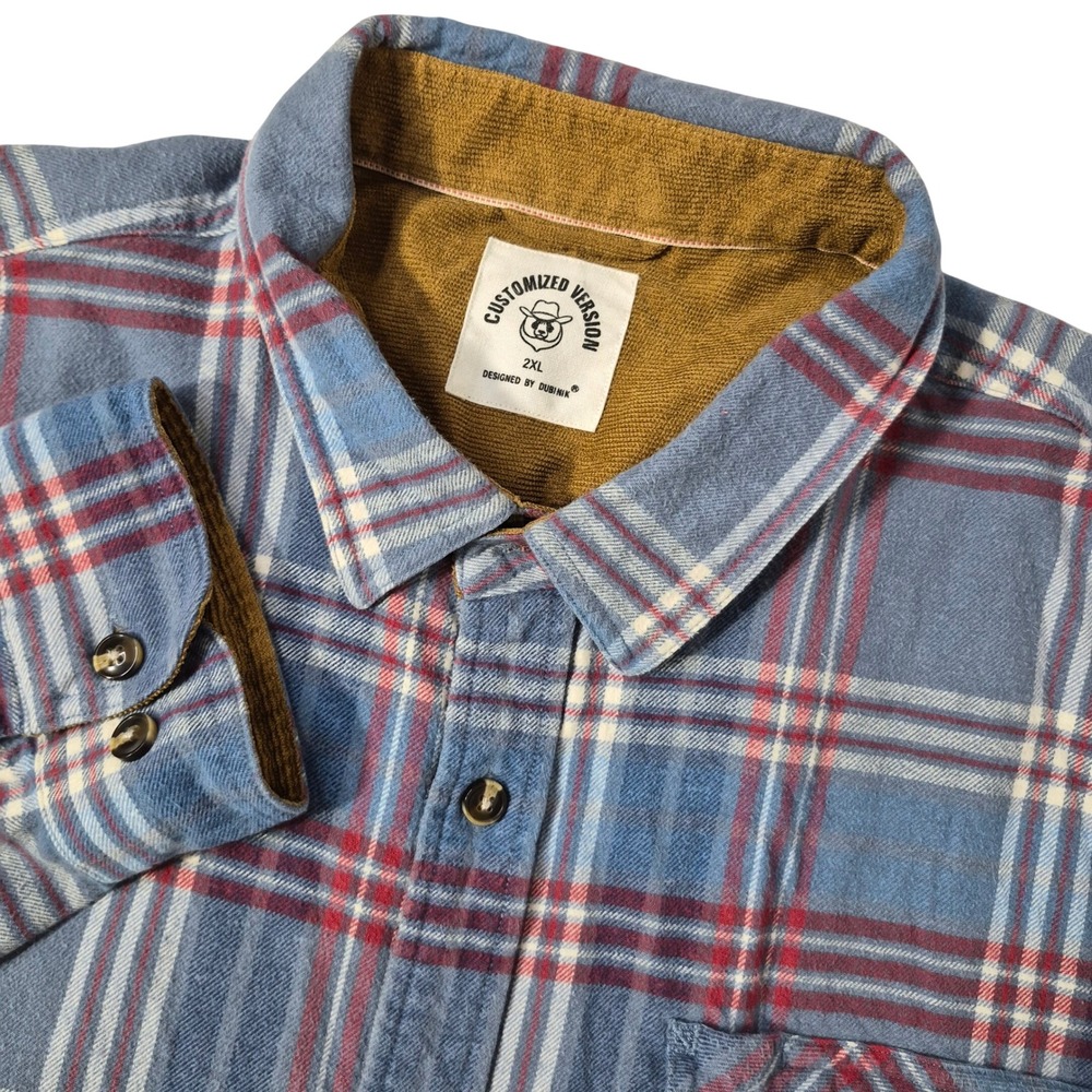 Customized Version Dubinik Flannel Shirt Mens 2XL Blue Red Plaid Workwear Casual